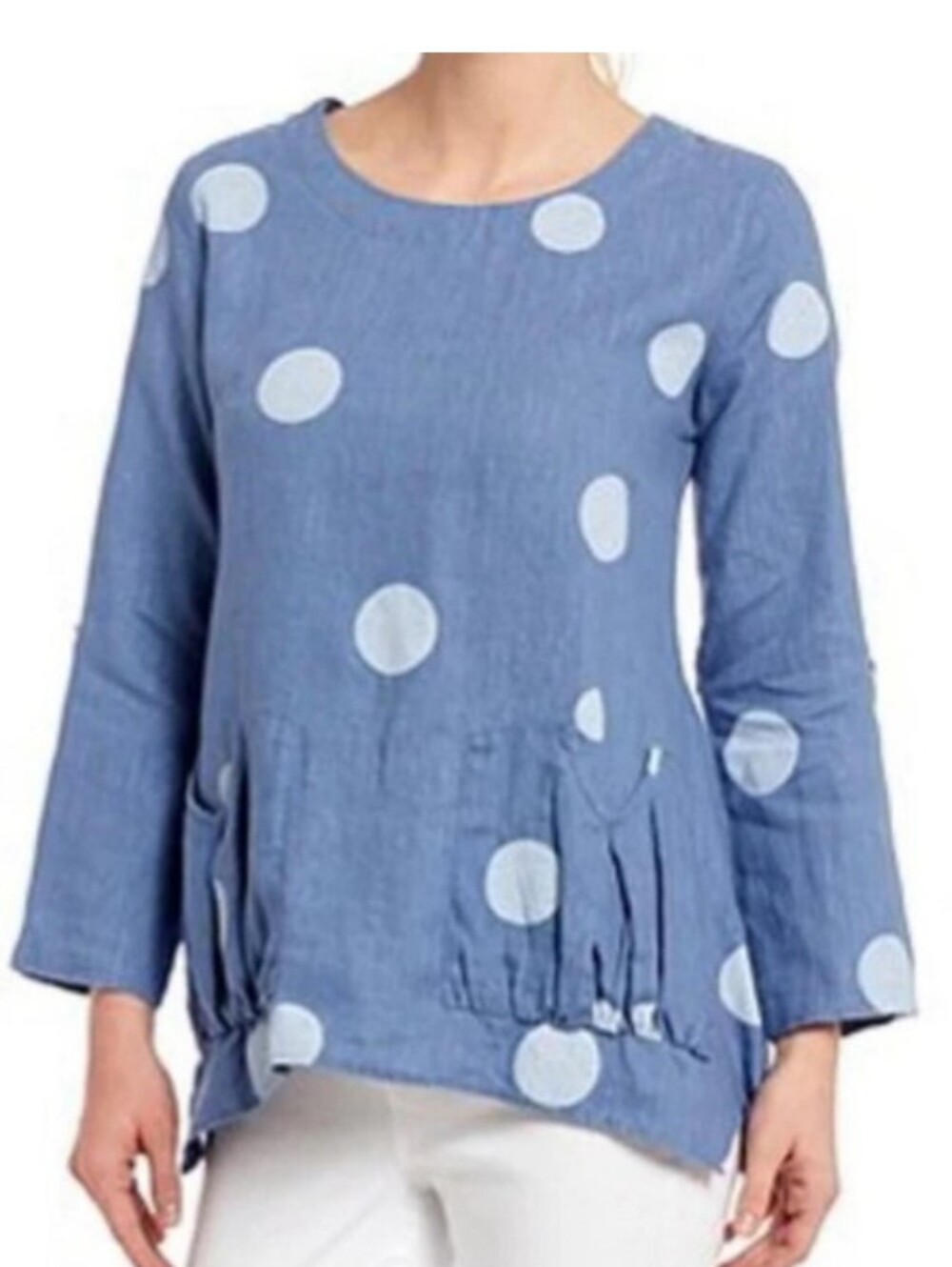 Ali Miles Linen Lagenlook Polka-dot Assymetrical Hem Blouse XL Blue White